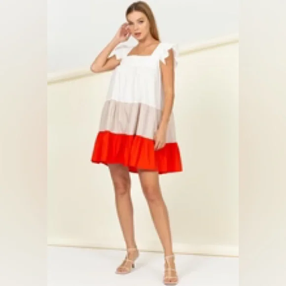 Red This Moment Color Block Tiered Mini Dress Babydoll Women’s Medium Coastal - Picture 3 of 6
